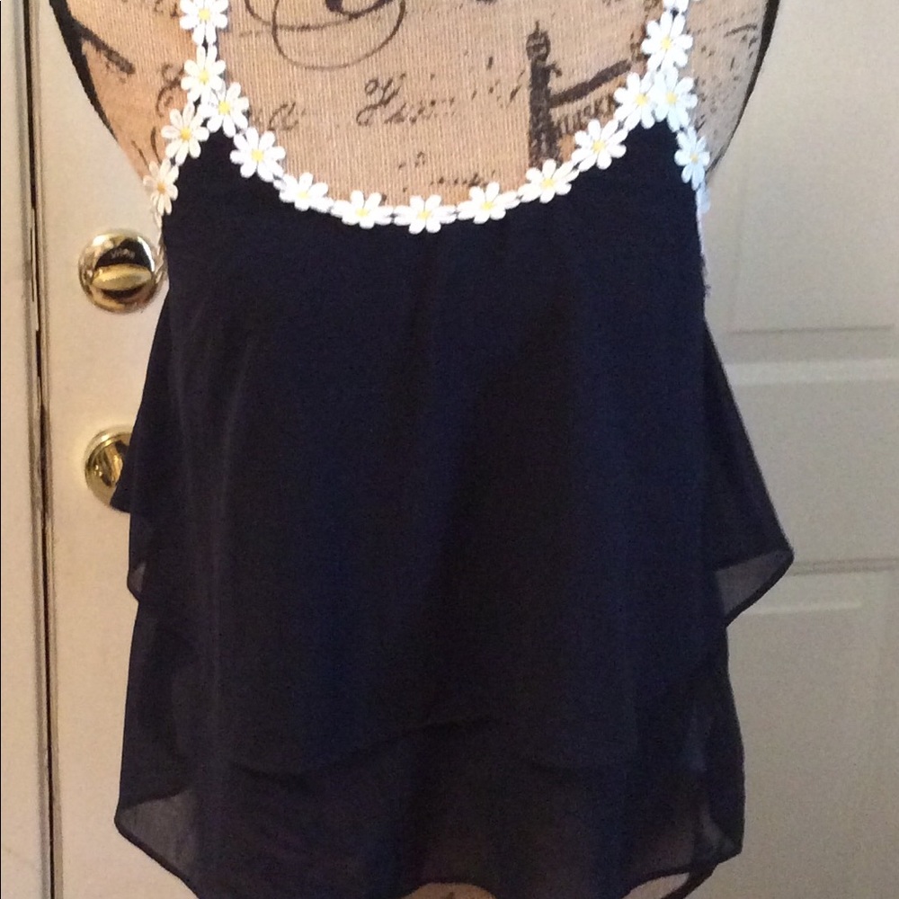 YA LOS ANGELES NAVY w/DAISY TRIM SILK/POLY TOP  L